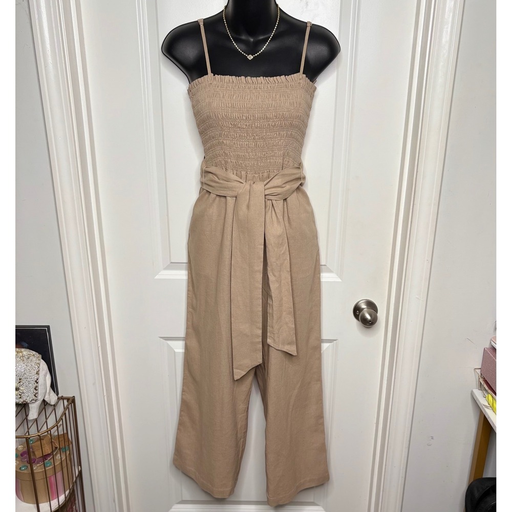 House of Harlow 1960 Tan Smocked Linen Blend Wide Leg Jumpsuit Small 0749155 EUC